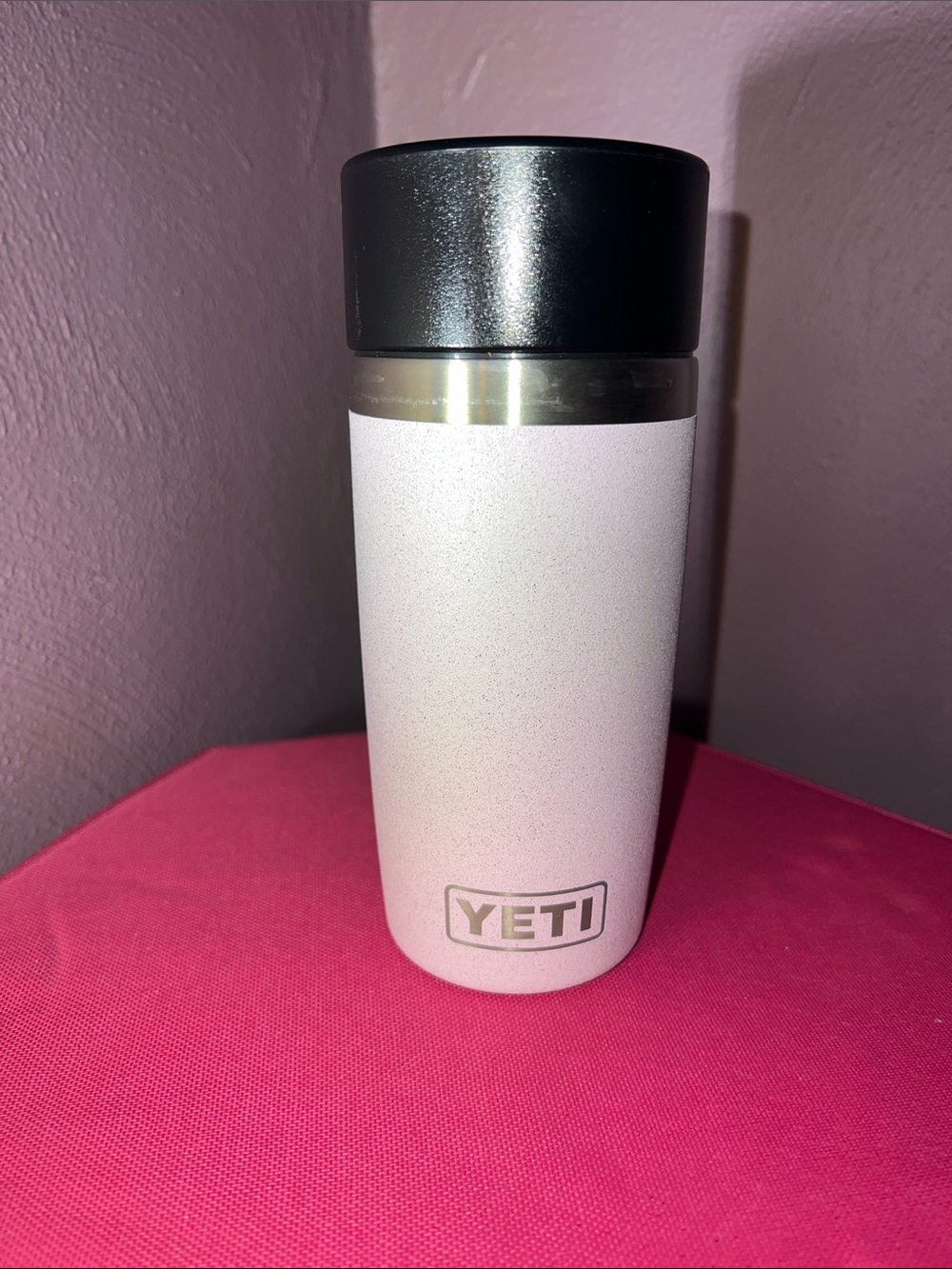 Yeti travel tumbler in pale pink with black lid 12 oz